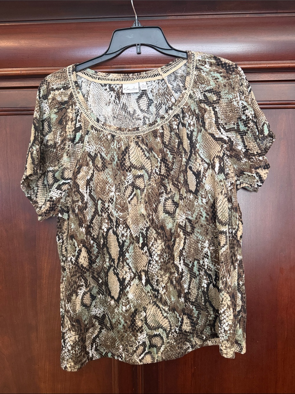 Kim Rogers Snake-Print Short Sleeve Top in Brown and Black